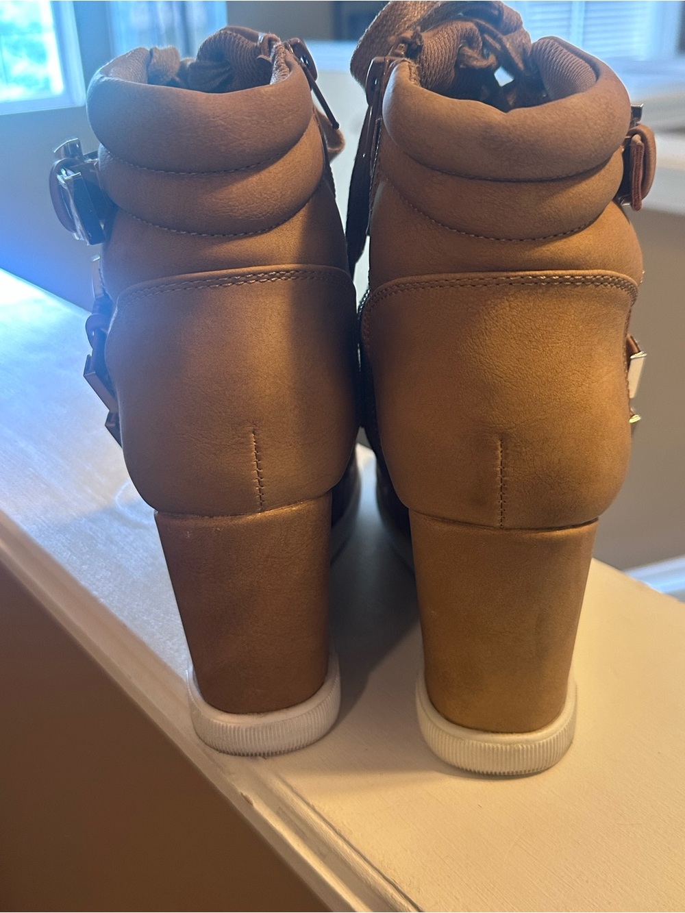 Shoe Dazzle Tan Lace-Up Wedge Sneaker Boots with Buckles - Picture 3 of 6